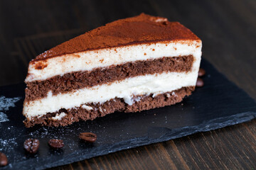 chocolate cake with cream layers, close up