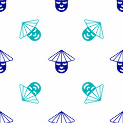 Blue Asian or Chinese conical straw hat icon isolated seamless pattern on white background. Chinese man. Vector