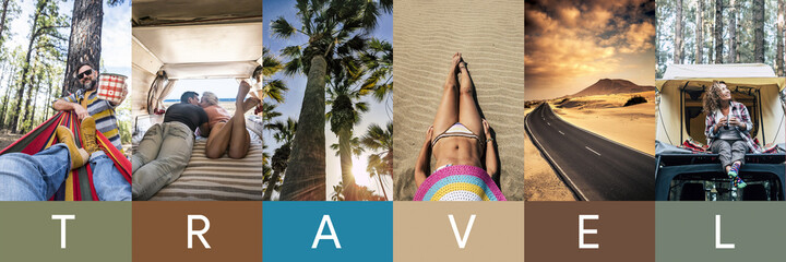 Header traveler stories collage with people enjoying travel summer vacation in different world destinations. World amazing destinations with men and women tourists having fun