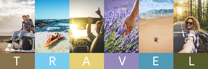 Summer banner holiday vacation travel people lifestyle concept. Colorful header with men and women enjoying summer adventure discovering the world destinations