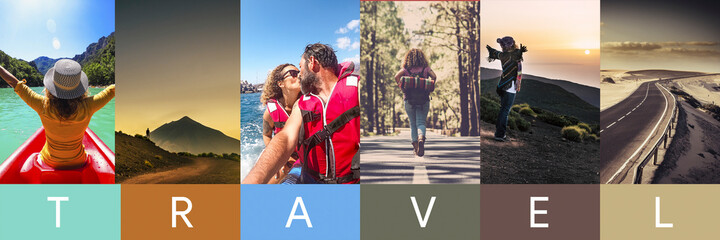 Outdoor leisure activity travel banner colorful header concept. Vertical pictures of people...