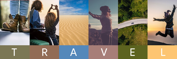Pastel banner tones travel destinations and happy free people concept. Header for summer holiday...