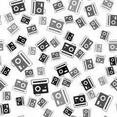 Black Photo camera icon isolated seamless pattern on white background. Foto camera. Digital photography. Vector