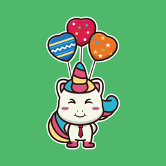 vector illustration of cute unicorn  
carry balloons
suitable for children's books, birthday cards, valentine's day.