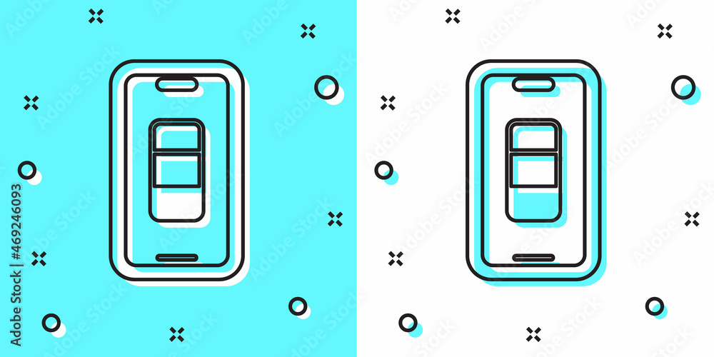 Poster black line smartphone battery charge icon isolated on green and white background. phone with a low b