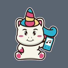 vector illustration of cute unicorn  holding cell phone
suitable for children's books, birthday cards, valentine's day.