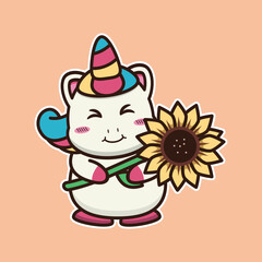 vector illustration of cute unicorn  
holding sunflower
suitable for children's books, birthday cards, valentine's day.