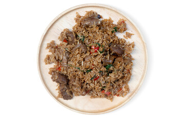 Braised Pork with Basil mixed with rice. on a flat wooden plate. with isolated white background.