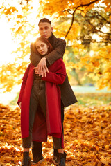 Young couple in love walking in the autumn park holding hands looking in the sunset