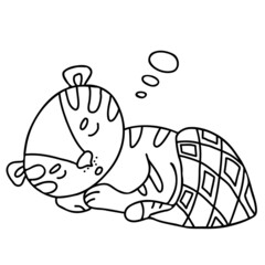 Sweet Dreams. Cute sleeping tiger under covers. Vector illustration. Linear hand drawing, sketch. Character for decor, design, for kids collection. 2022 is Tiger according to Eastern calendar