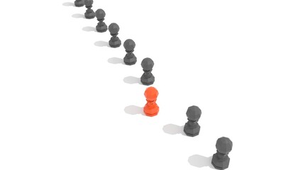 Orange pawn of chess, standing out from the crowd of gray.