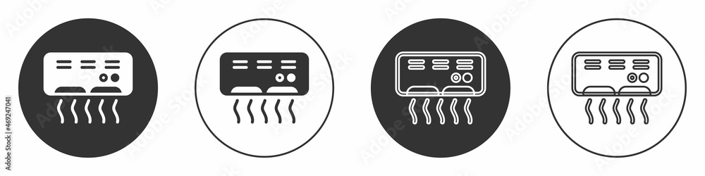 Sticker Black Air conditioner icon isolated on white background. Split system air conditioning. Cool and cold climate control system. Circle button. Vector