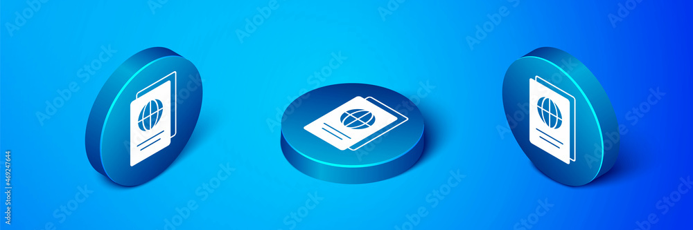 Poster isometric passport with biometric data icon isolated on blue background. identification document. bl