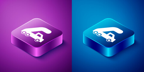 Isometric Passenger ladder for plane boarding icon isolated on blue and purple background. Airport stair travel. Square button. Vector