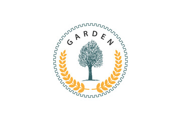 landscape logo outside landscape and gardening company garden icon. outdoor plants and village forest landscapes or urban park trees.