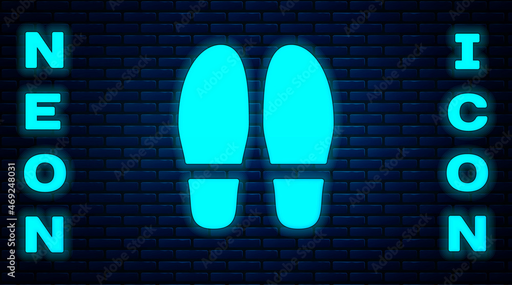 Poster glowing neon footsteps icon isolated on brick wall background. detective is investigating. to follow