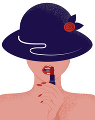 Portrait of a lady in a hat. Vector isolated illustration woman paints lips with red lipstick