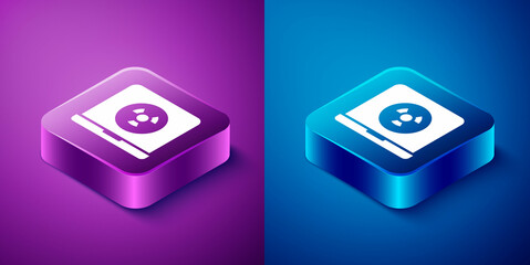 Isometric Nuclear laptop icon isolated on blue and purple background. Square button. Vector