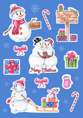 A set of Christmas and New Year stickers with cute snowmen. The set includes illustrations of snowmen, gifts, gloves, lollipops on a blue background. 