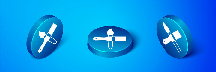 Isometric Paint brush icon isolated on blue background. Blue circle button. Vector