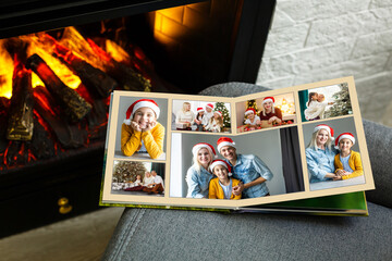 Photo collage of nine images with winter concept. Holiday season. open photo book with christmas...