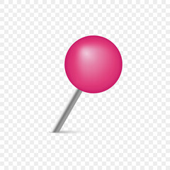 Pink Office Thumbtack for Notice Board and Attach Paper on Wall. Pushpin with Metal Needle and Pink head. Plastic Circle Push Pin on Transparent Background. Isolated Vector Illustration
