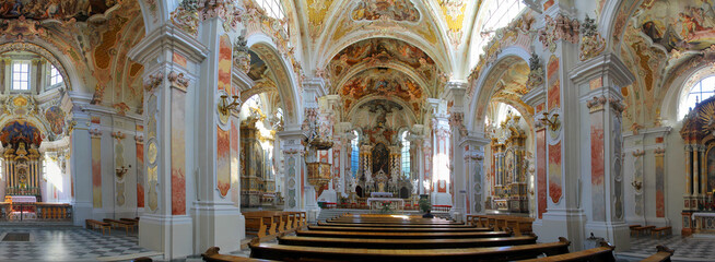 Stiftskirche Kloster Neustift, Unserer lieben Frau, Innenansicht, Brixen, Südtirol, Italien, Europa, Panorama - obrazy, fototapety, plakaty