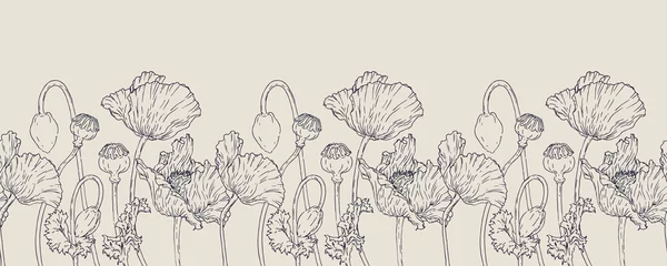 Foto op Plexiglas Vector horizontal hand darwn poppy flower. Seamless border. Eps 10. Line-art botanical illustration. Floral backdrop © drutska