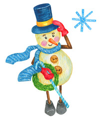 Hand drawn watercolor illustration.Snowman with cane and christmas wreath.