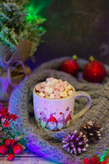 Christmas spirit encapsulated with a captivating mug design, surrounded by holiday elements like radiant red berries, sparkling baubles, and cozy winter textures.