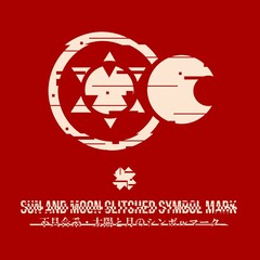 Obraz premium Glitched Tribe-Styled Sun and Moon Symbol Mark in Red Background