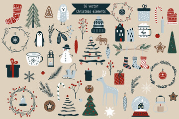 Big vector set of hand drawn Christmas elements. Varieties of Christmas and New Year elements for cards, gift tags, patterns and poster design. Different Xmas flat  illustrations.