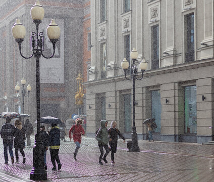 Arbat, one of the most interesting streets in the center of Moscow. rain on the Arbat.