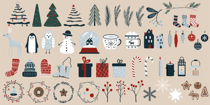 Big vector set of hand drawn Christmas elements. Varieties of Christmas and New Year elements for cards, gift tags, patterns and poster design. Different Xmas flat illustrations.
