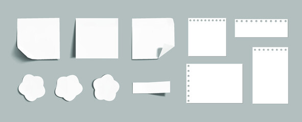 Vector Set of Paper Pieces, Notepad Pages, Sketchbook Blank Papers, Frames Set, 3D and Flat Paper, White Color, Different Shapes.