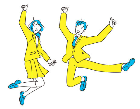 シンプル　イラスト　ジャンプする学生　男の子　女の子