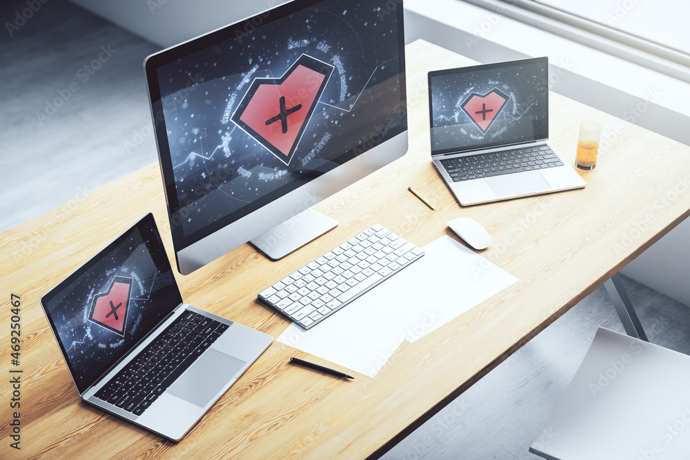 Poster modern computer monitor with creative abstract heart rate hologram. healthcare technolody concept. 3