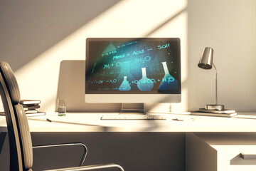 Creative chemistry hologram on modern laptop monitor, pharmaceutical research concept. 3D Rendering