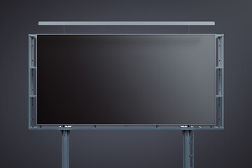 Blank black billboard on dark background, front view. Mockup, 3D Rendering