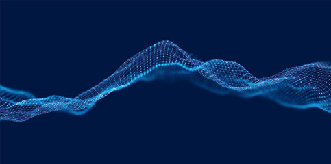 Dynamic blue particle wave. Abstract sound visualization. Flow digital structure. Mesh landscape or grid data technology.