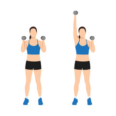 Fototapeta na wymiar Woman doing Single arm dumbbell overhead shoulder press exercise. Flat vector illustration isolated on white background. workout character set