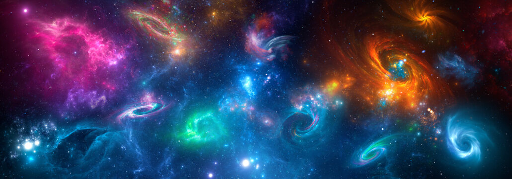 Panorama Space scene with planets, stars and galaxies. Banner template. Many Nebulae and galaxies in space, many light years away. Deep Universe. Large-scale structure 3D rendered