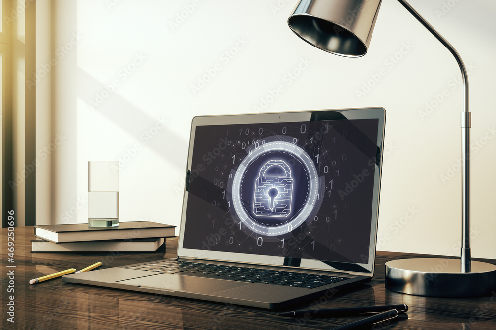 Poster Creative idea concept with lock symbol and microcircuit illustration on modern laptop screen. Protection and firewall concept. 3D Rendering