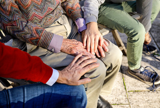 Affectionate boy and father touching hands of grandfather in backyard