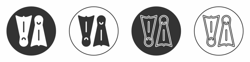 Black Rubber flippers for swimming icon isolated on white background. Diving equipment. Extreme sport. Diving underwater equipment. Circle button. Vector © Kostiantyn