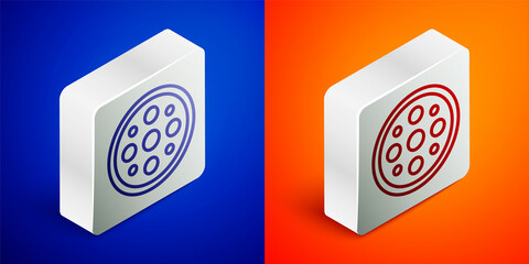 Isometric line Sewing button for clothes icon isolated on blue and orange background. Clothing button. Silver square button. Vector
