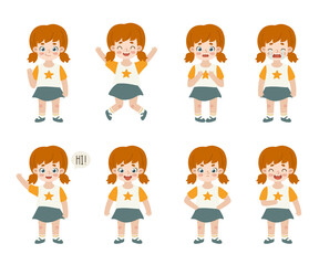 Set of little cartoon girl expressions. Bundle of character emotions. Cute little child with red hair pose collection.