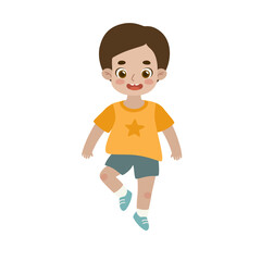 Cute happy boy jumping. Adorable child floating in the air. Cheerful kid having fun activity.