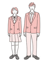 シンプル　イラスト　制服姿の男の子と女の子の全身イラスト