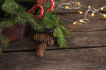 christmas background with fir branches and lights